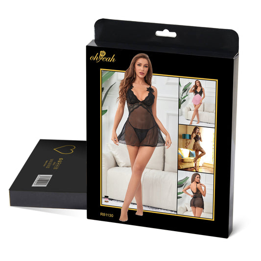 V Neck Black Lace Stitching Strap with Flower Babydoll