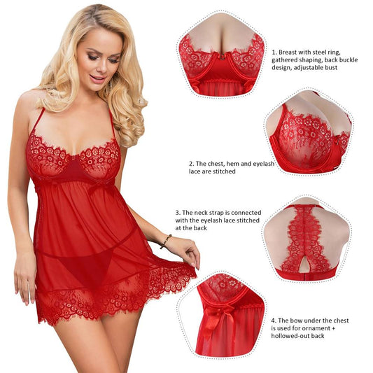 Red Sexy Sheer Floral Eyelash Trim Lace Babydoll Set With Underwire