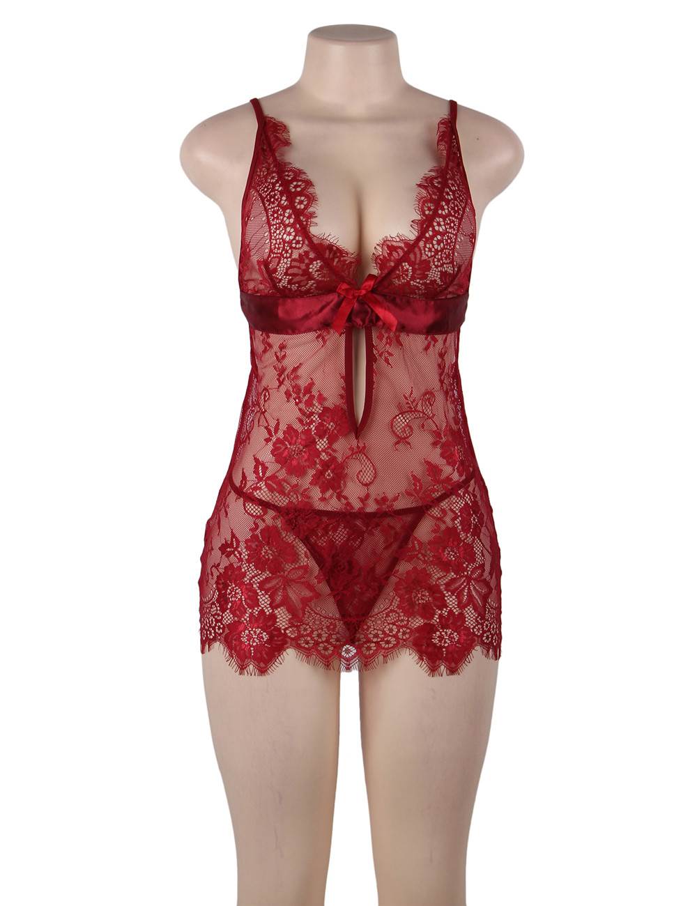 Red Eyelash Lace Sexy Babydoll With Thong