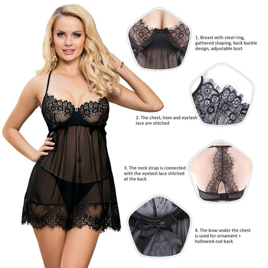 Sexy Black Sheer Floral Eyelash Trim Lace Babydoll Set With Underwire