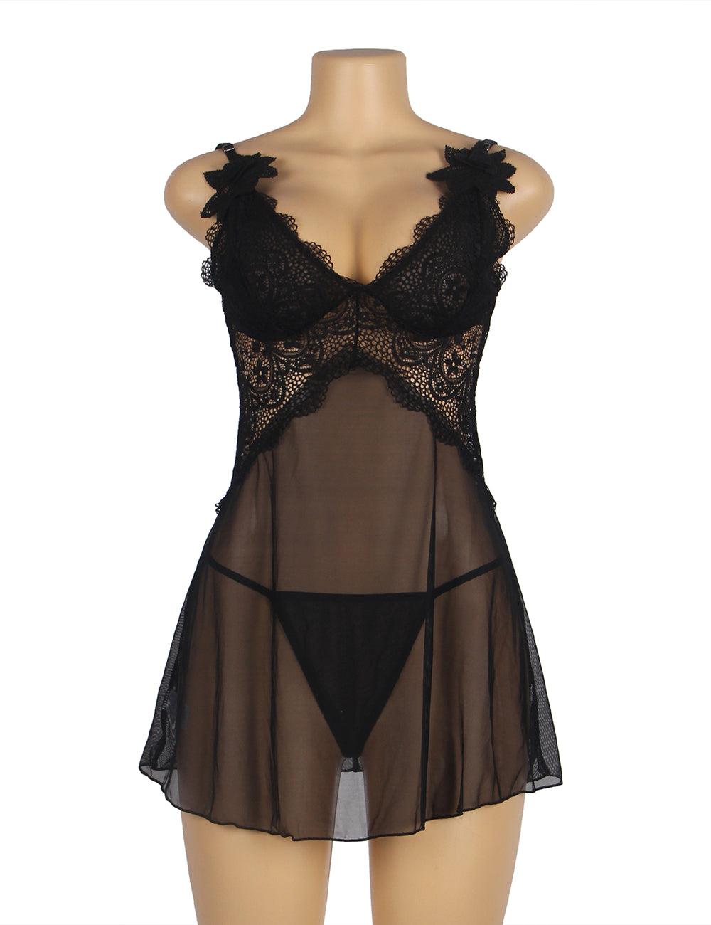 V Neck Black Lace Stitching Strap with Flower Babydoll