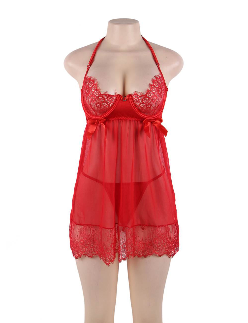 Red Sexy Sheer Floral Eyelash Trim Lace Babydoll Set With Underwire