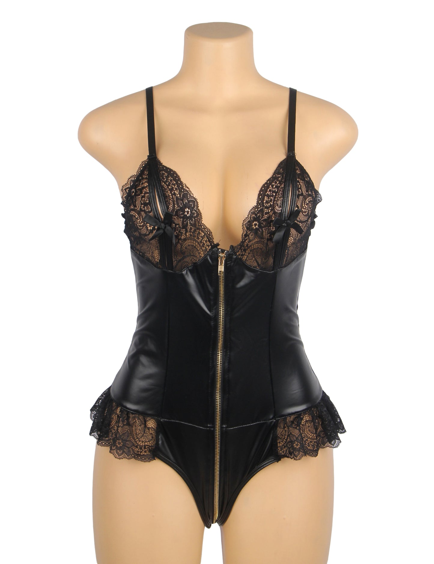 Black Sexy PU Leather Lace Zipper Bodysuit