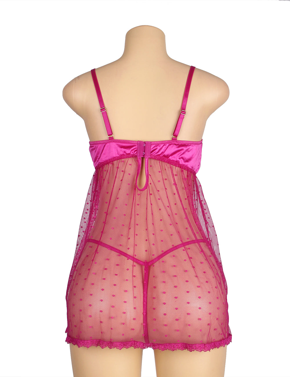 Purple Open Front Dot Patterns Comfortable Mesh Babydoll