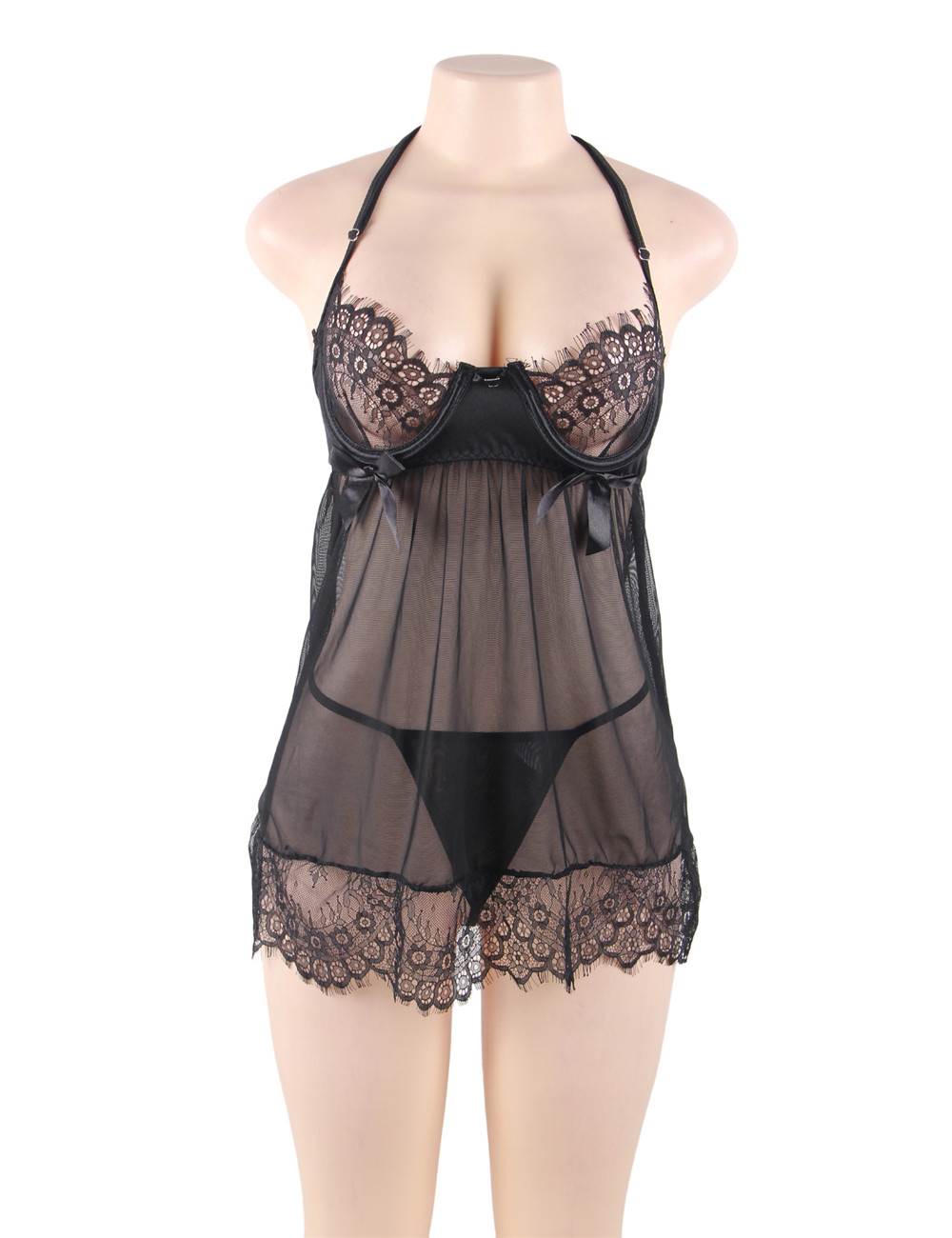 Sexy Black Sheer Floral Eyelash Trim Lace Babydoll Set With Underwire