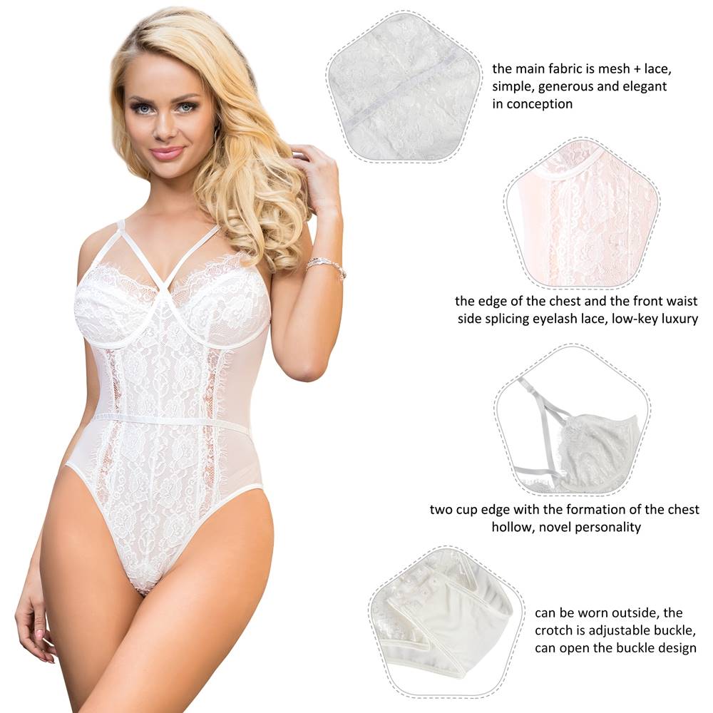 White Lace Openable Crotch Plus Size Bodysuit Without Underwire