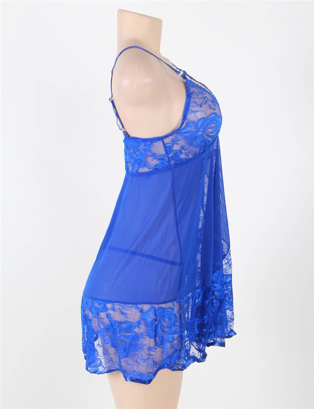 Sexy Transparent V Neck Lace Short Blue Plus Size Nightdress