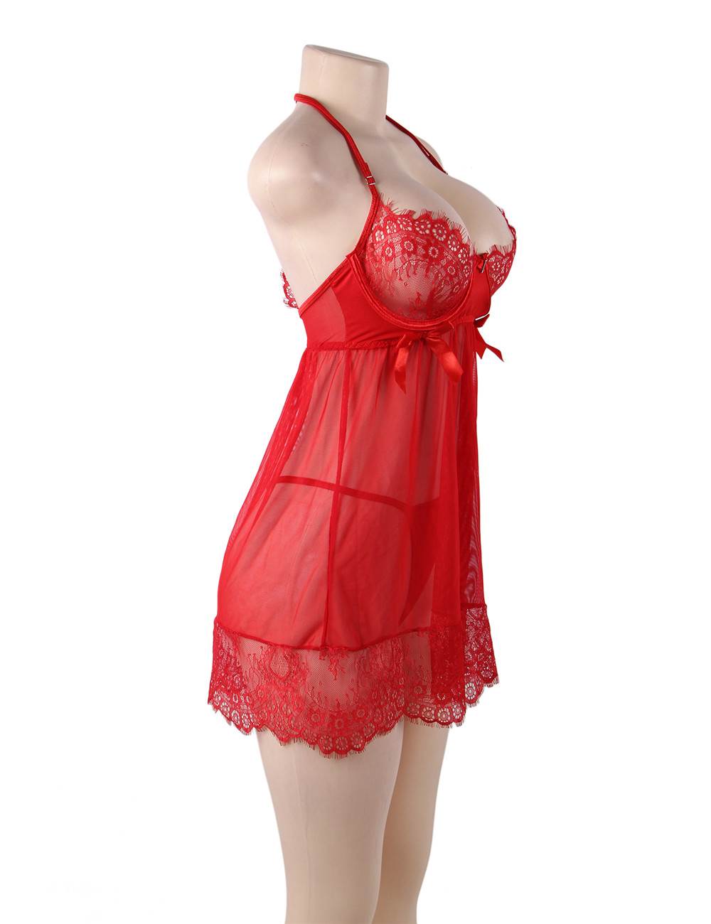 Red Sexy Sheer Floral Eyelash Trim Lace Babydoll Set With Underwire