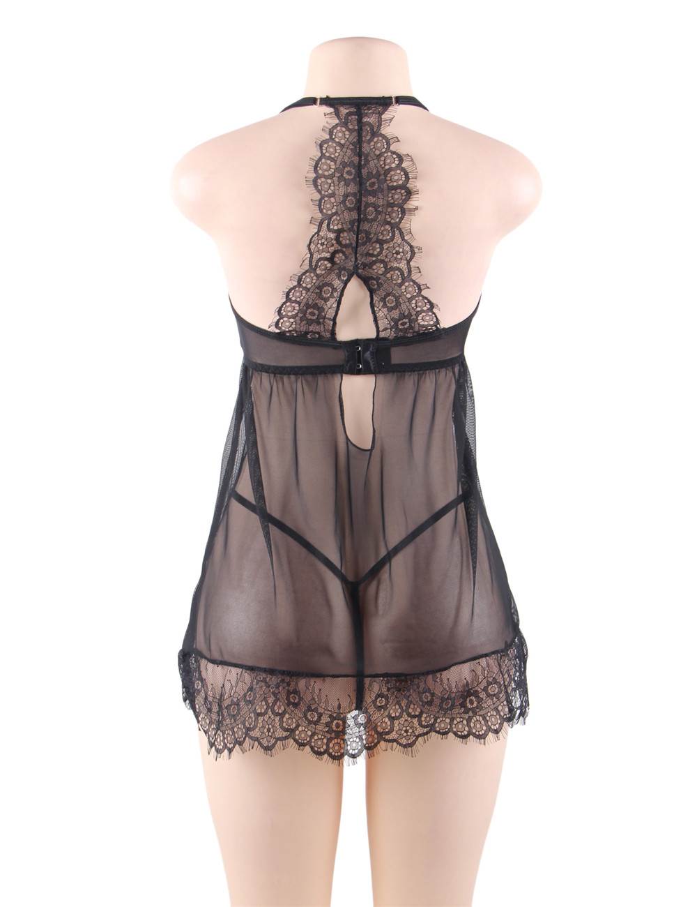 Sexy Black Sheer Floral Eyelash Trim Lace Babydoll Set With Underwire