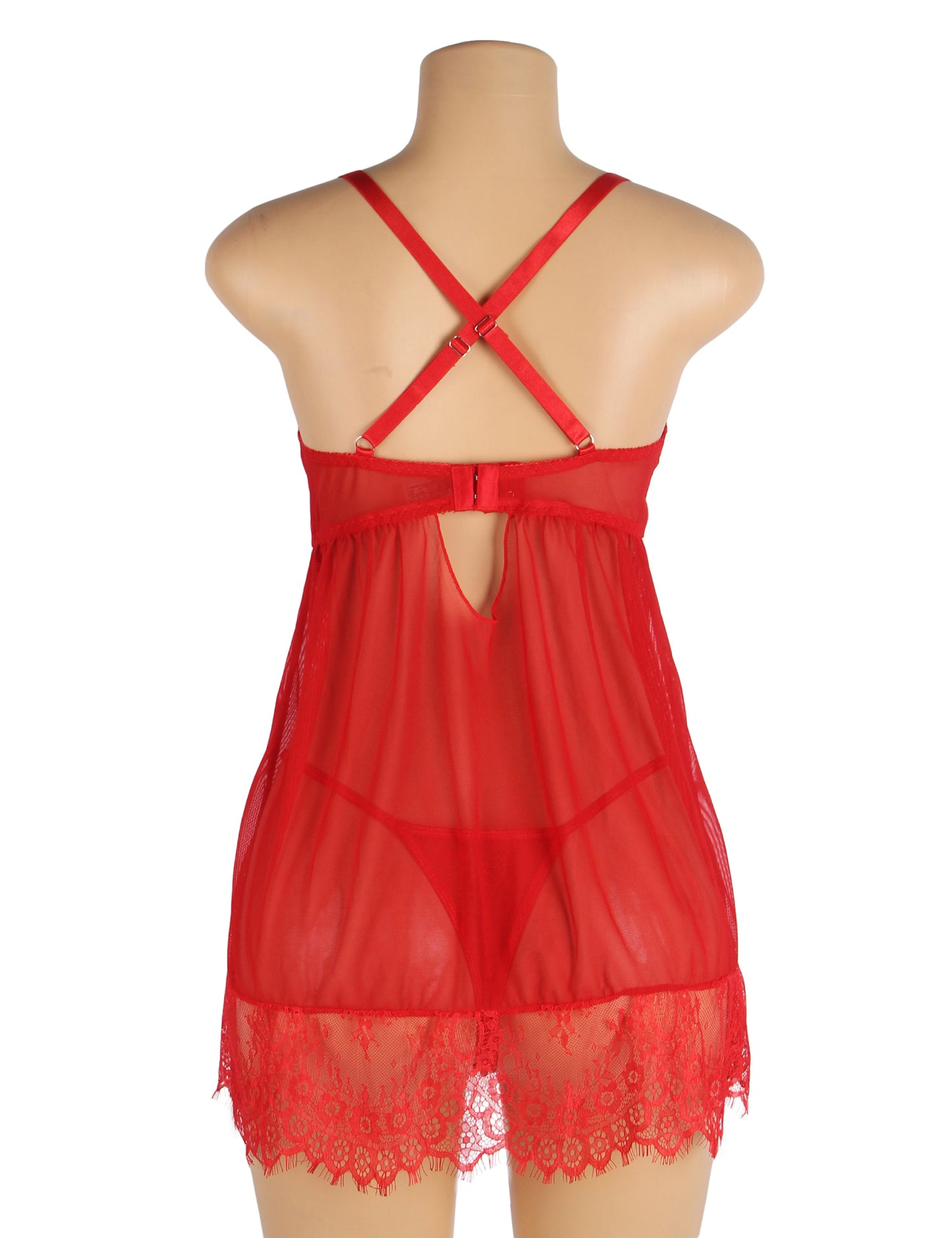 Red Sexy Eyelash Lace Mesh Cross Straps Push Up Nightdress