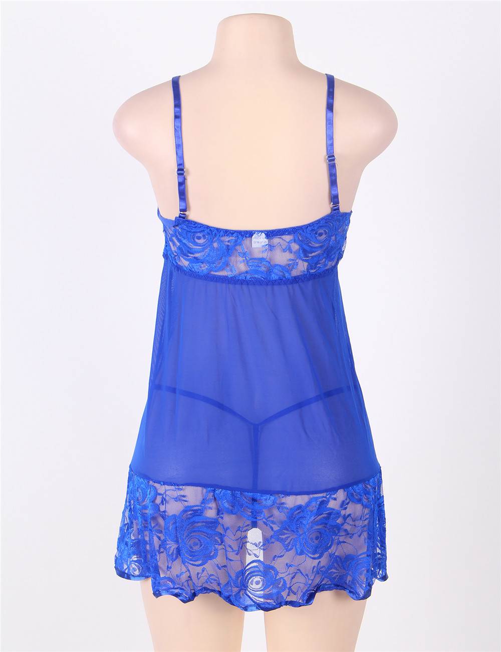 Sexy Transparent V Neck Lace Short Blue Plus Size Nightdress