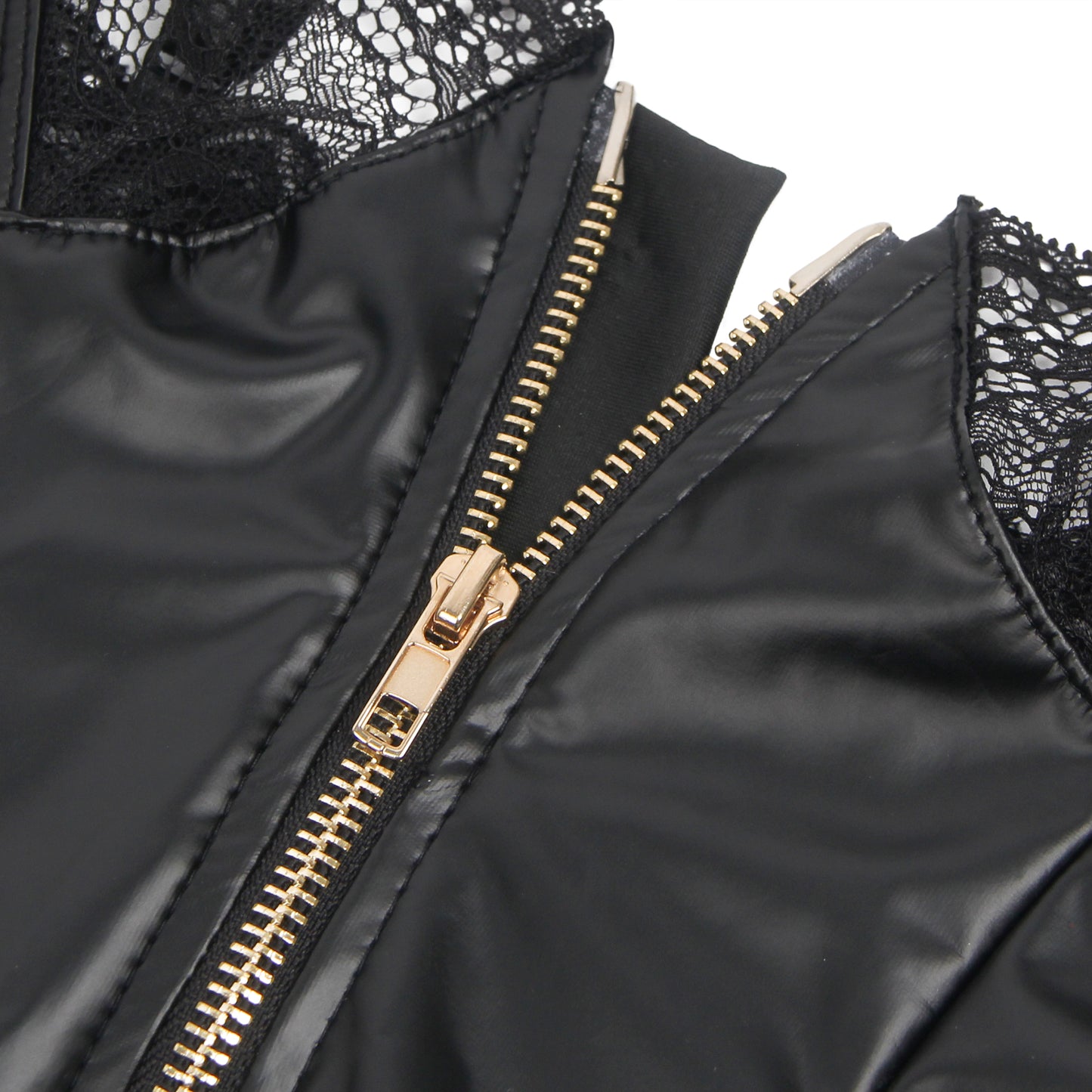 Black Sexy PU Leather Lace Zipper Bodysuit