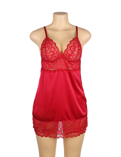 Red Lace Floral Back Closure with Hook and Eye Sexy Babydoll