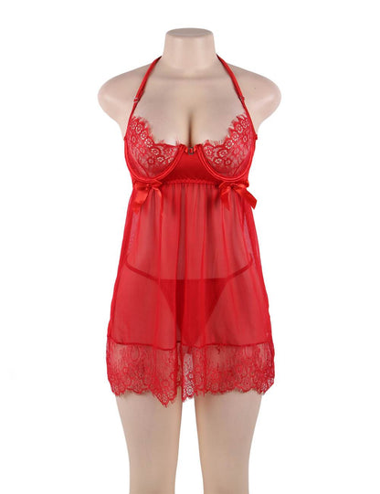Red Sexy Sheer Floral Eyelash Trim Lace Babydoll Set With Underwire
