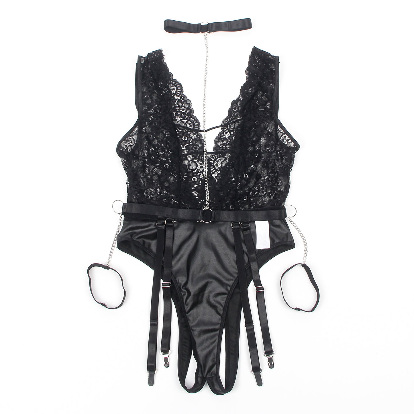 Black Sleeveless Lace Deep V-neck Faux Leather Bodysuit