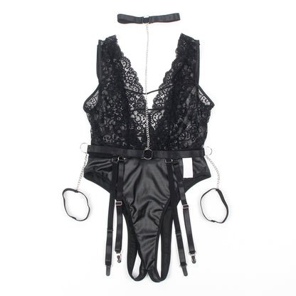Black Sleeveless Lace Deep V-neck Faux Leather Bodysuit