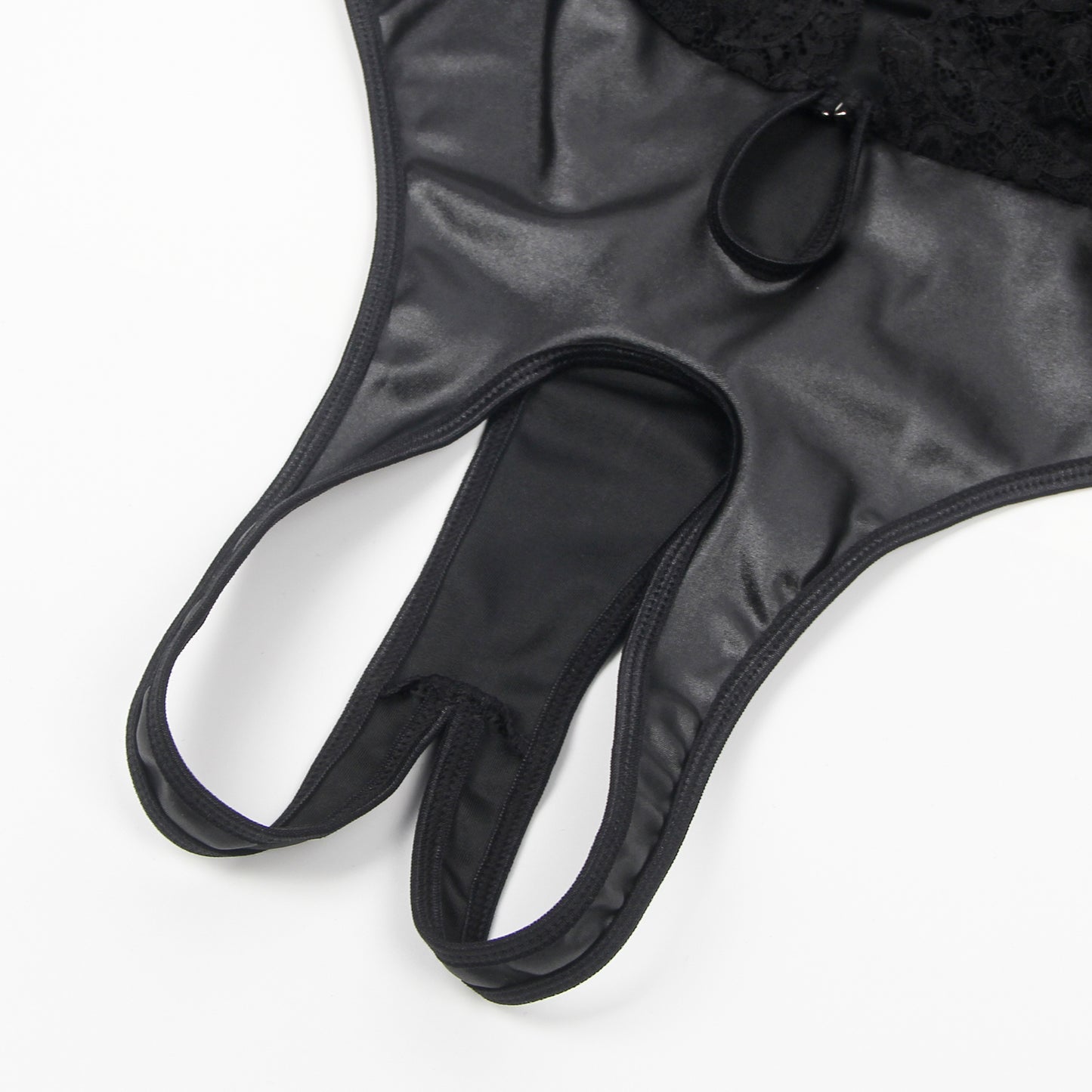 Black Sleeveless Lace Deep V-neck Faux Leather Bodysuit